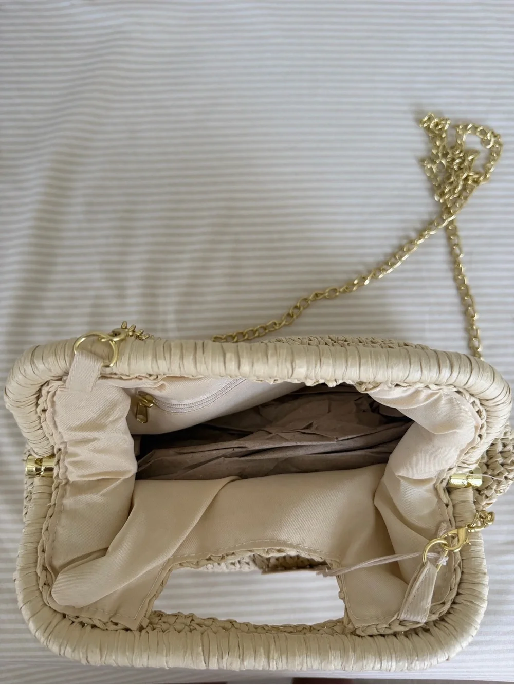 NWT Sol and Mer Ivory Woven Raffia Clutch Gold Chain Shoulder Bag